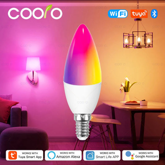 Tuya Wifi E14 Candle Lamp App Control Smart Bulb Bluetooth RGB+CW LED Light Dimmable Crystal Group Lamps Works With Alexa Google