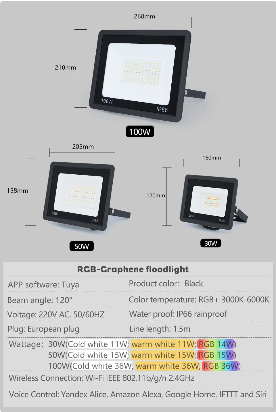 TUYA RGB Floodlight Smart APP Voice Control RGBCW CCT 3000-6500K 30W 50W 100W 220V AC For Garden Party Outdoor Lighting