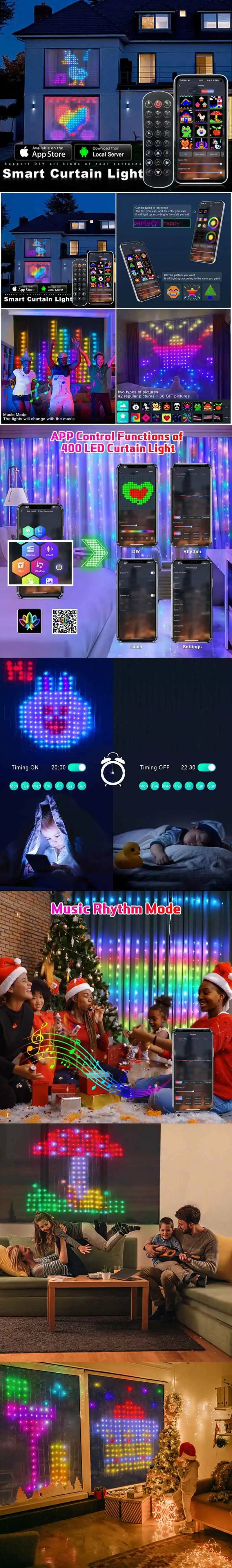 400LEDs Smart Curtain Lights Bluetooth App LED String RGB Fairy Lights DIY Music Change Display for Window Bedroom Decoration