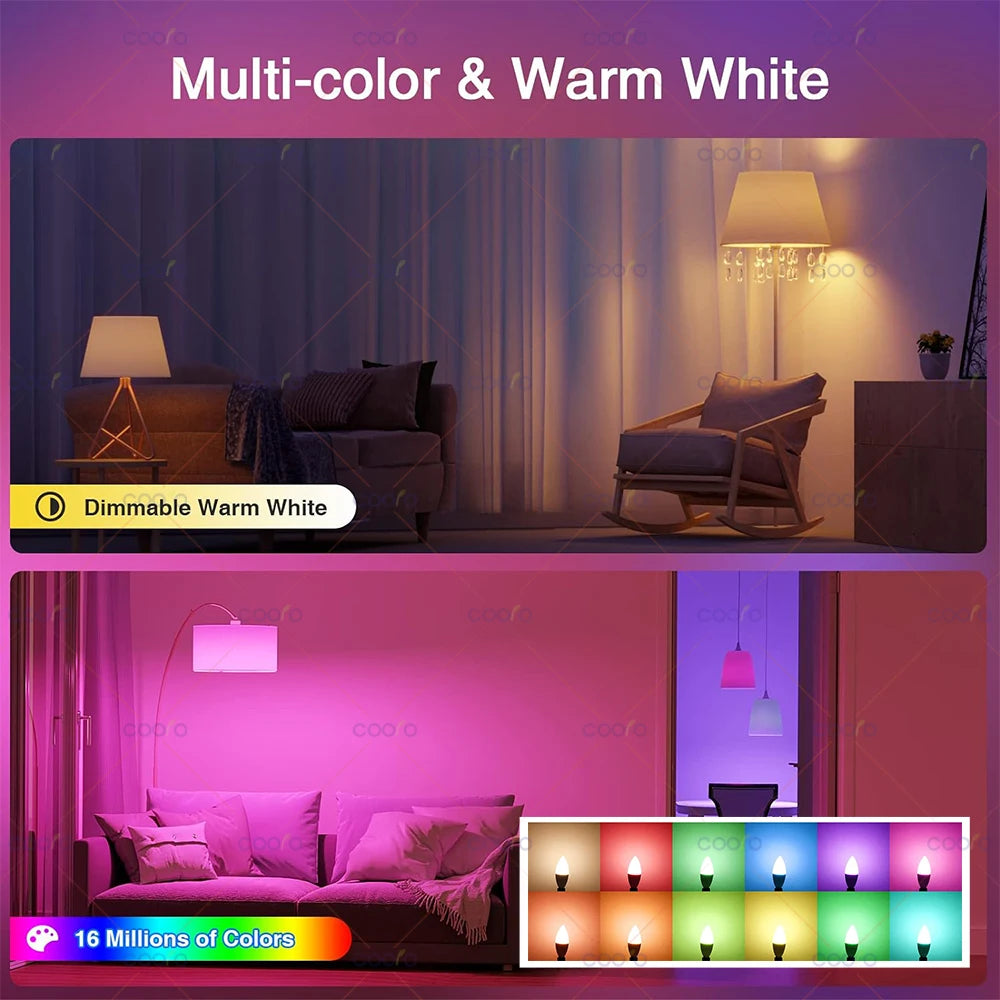 Tuya Wifi E14 Candle Lamp App Control Smart Bulb Bluetooth RGB+CW LED Light Dimmable Crystal Group Lamps Works With Alexa Google